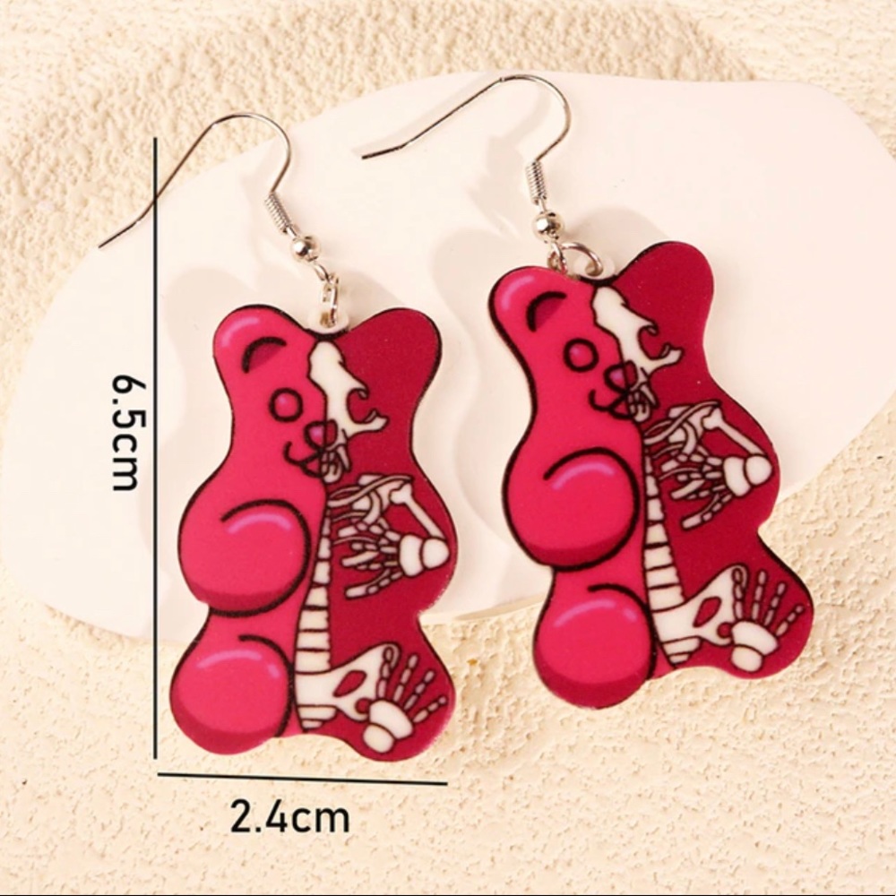 Gummy Bear Skeleton Novelty Drop Teddy Bear Earrings